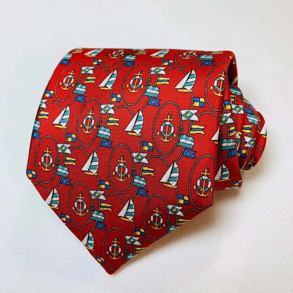 Serry's Necktie All Silk Made in England Nautical Anchor Sailboat Pattern Preppy
